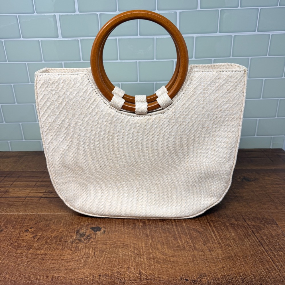 Boho Woven Versatile Straw Satchel/Hand/Shoulder Bag Wood Ring Handles - Picture 2 of 16
